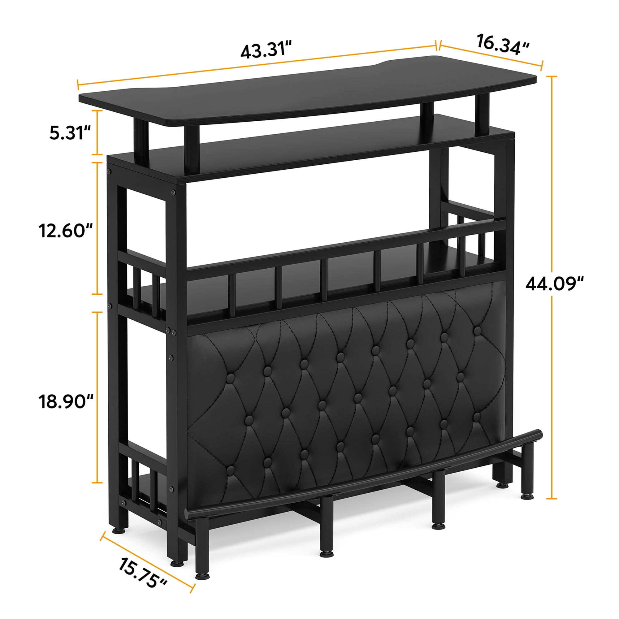 MAYEERTY Curved Counter Home Bar Table, Liquor Storage Bar Unit with Black Rail Guard Adjustable Feet for Indoor Entertainment