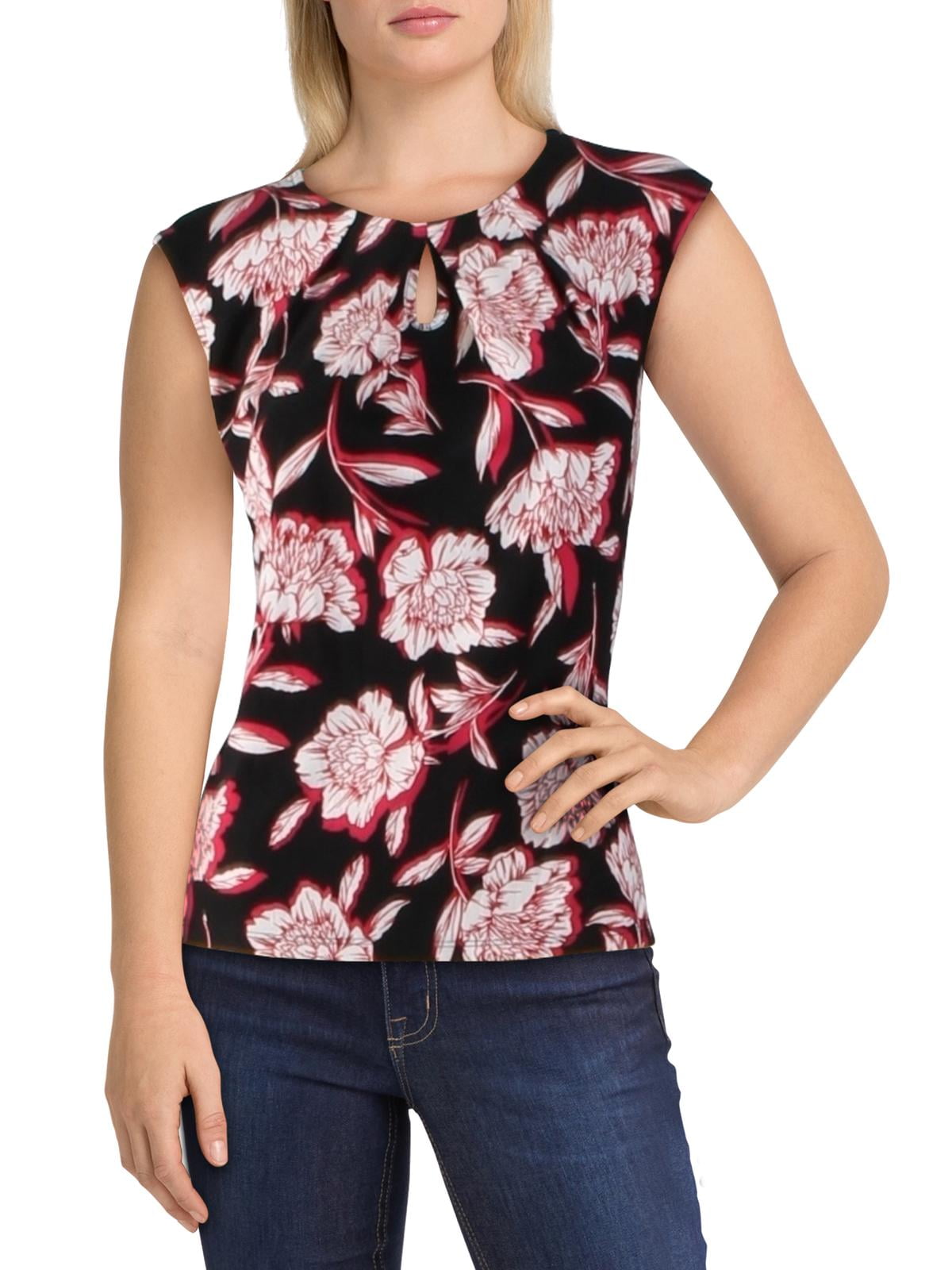 Kasper Kasper Womens Petites Floral Print Keyhole Neck Tank Top Black