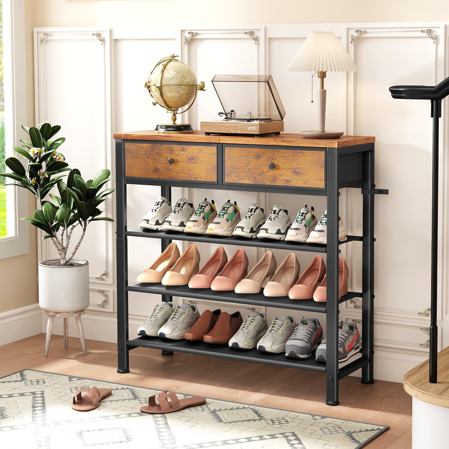 4 Tier Shoe Organizer with Drawers and Fabric Shelves, Wooden Top Shoe Rack for Closet and Entryway, Rustic Brown Storage Solution for 9-12 Pairs