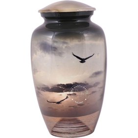 Aluminium Sunset Dove Cremation Urn for Human Ashes Adult - Handcrafted Funeral Memorial Urn for Ashes - Large Columbarium Urn - Bag Included (200 Cubic Inches, Bird-5)