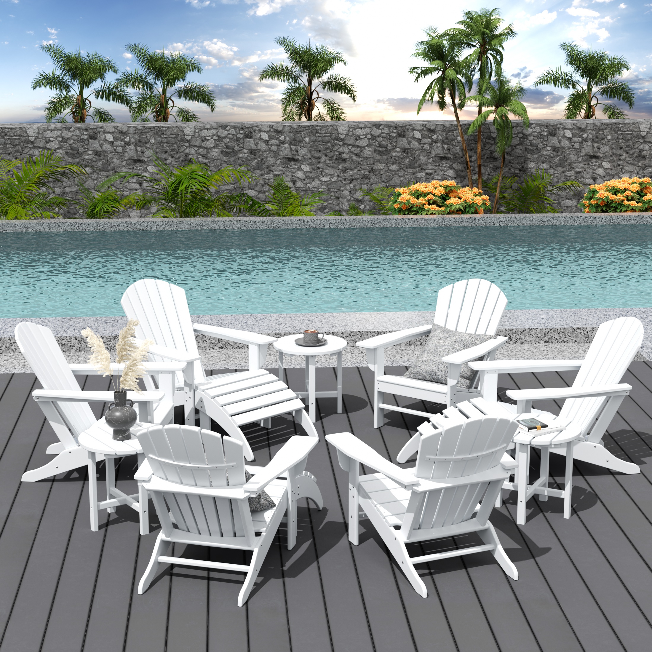WestinTrends Dylan 12 Pieces Adirondack Chairs Set, All Weather Poly Lumber Outdoor Seating Patio Conversation Set, Seashell Curved Slat Backrest Garden Lawn Deck Fire Pit Chairs, White