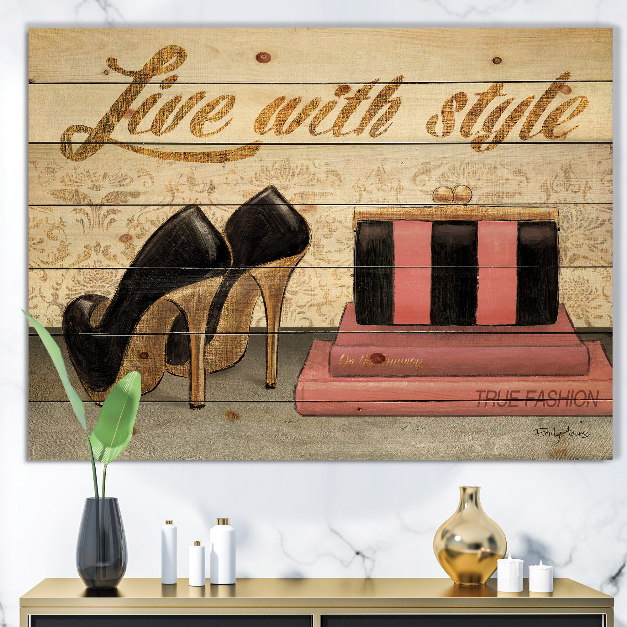 Designart 'Gold Fabulous Fashion Life Style II' Fashion Print on Natural Pine Wood