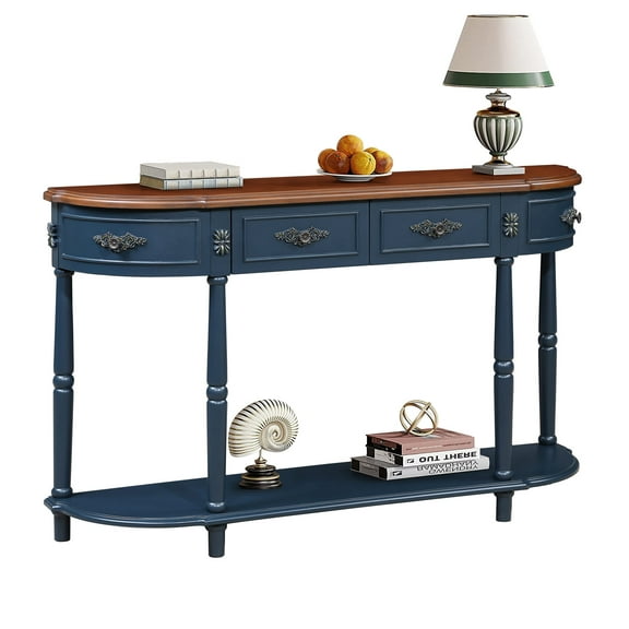 Retro Curved Wood Console Table, 52 Inch Half Moon Sofa Table with 2 Drawers and Open Shelf, Solid Wood Entryway Table for Living Room, Hallway, Navy Blue and Brown Top