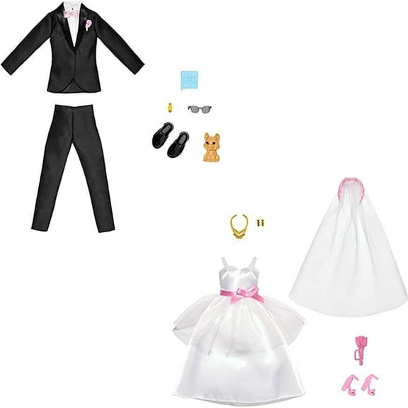 Barbie and Ken Bride and Groom Set of 2 Fashion Packs with Wedding Dress and Tuxedo Doll Outfits