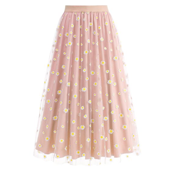 Women's Summer Dress 2025 Women's Long Skirt Flower Embroidery Solid Color High Waist Mesh Midi Skirt in Clearance Pink S