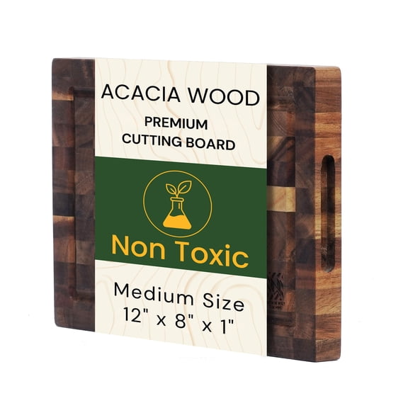 End Grain Acacia Wood Cutting Board 12x8x1 Inch, Thick Butcher Block with Juice Groove & Handle, Solid Hardwood, Knife Friendly, Non-Toxic for Kitchen Prep by New M Way