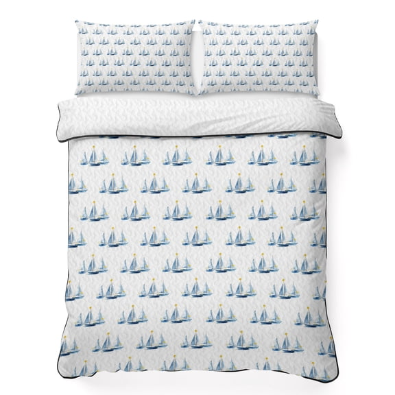 Quilts Queen Size Bedding Set, Nautical Sailboats Lightweight Quilted Comforter, Steel Blue Coastal Minimalist Beige Soft Reversible Bedspread Coverlet with Pillow Covers for All Season, 90" x 96"