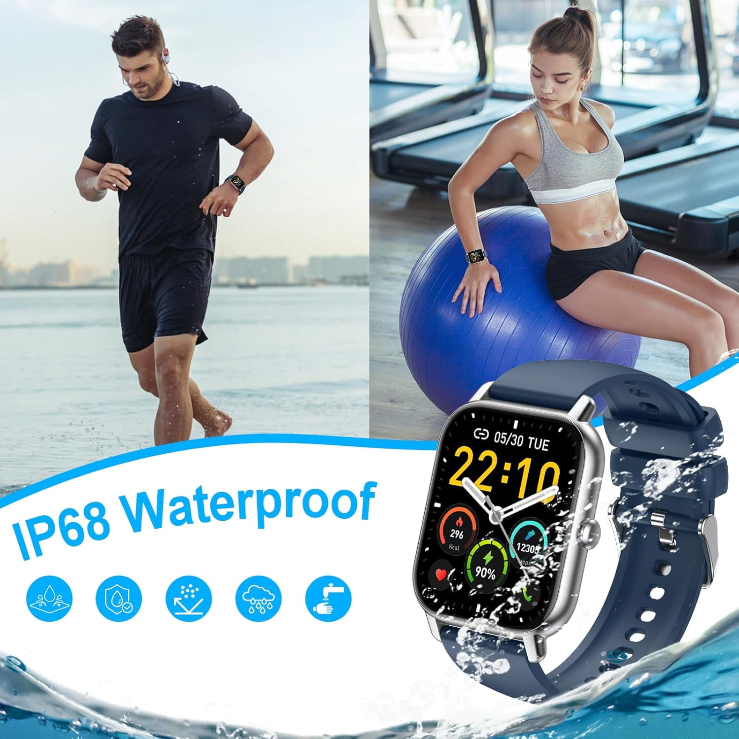 SupDevice Smart Watches for Women Men (Answer/Make Calls) Compatible with iPhone/Android Phones, 1.85" HD Screen Fitness Tracker Heart Rate Monitor 100+ Sports Tracker Watch Waterproof (Blue)