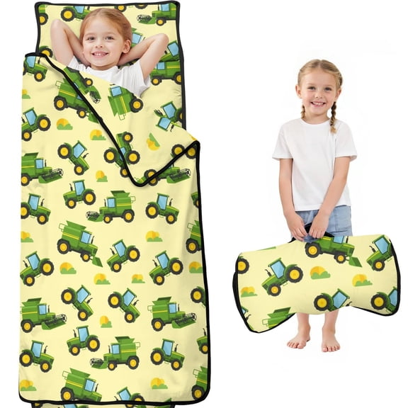 Tractor and Harvesters Cream Pattern Teens Toddler Nap Mat with Pillow, Sleeping Mat Bag for Preschool Daycare 59"x22"