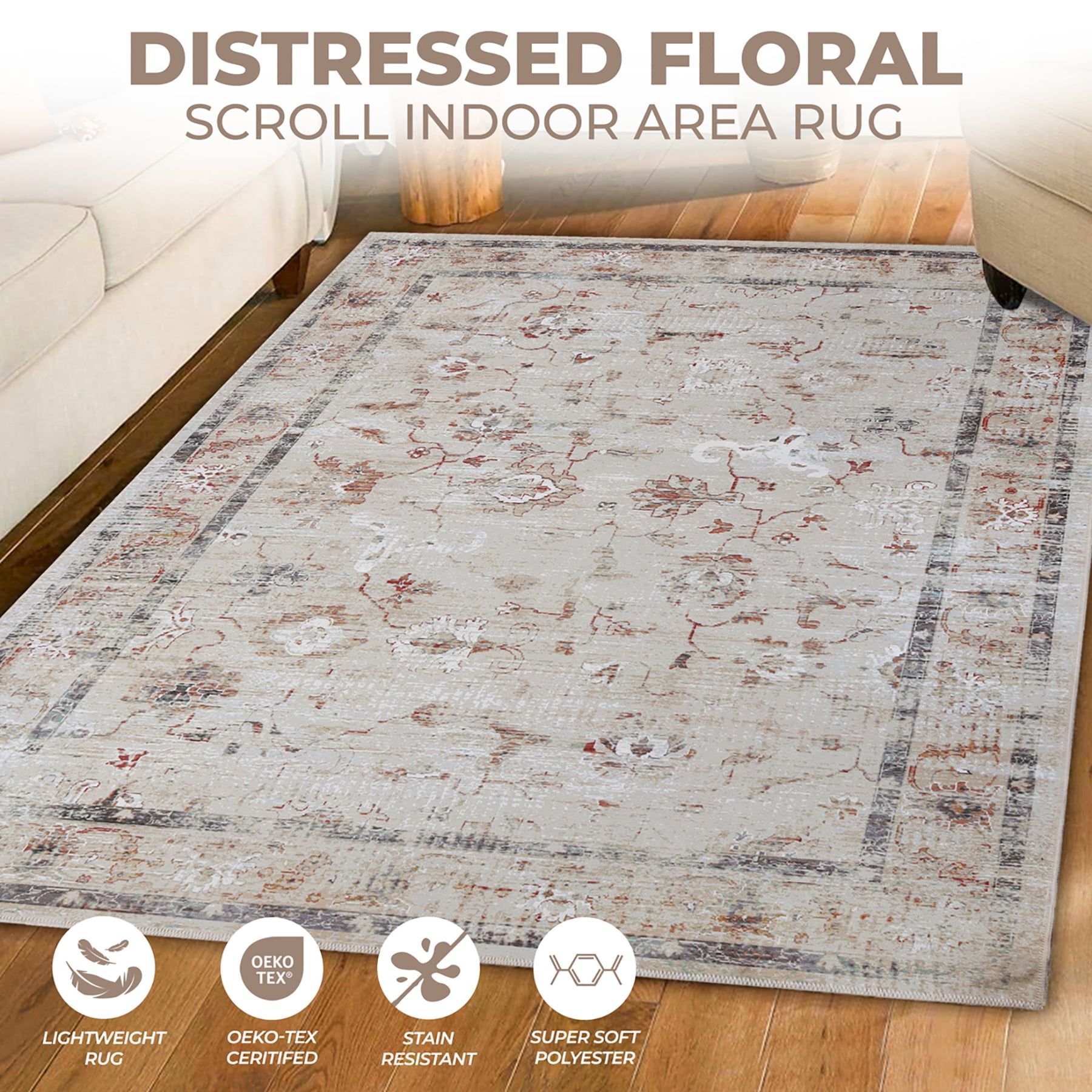 Superior Swan Floral Non-Slip Washable Indoor Area Rug, 4' x 6', Cream