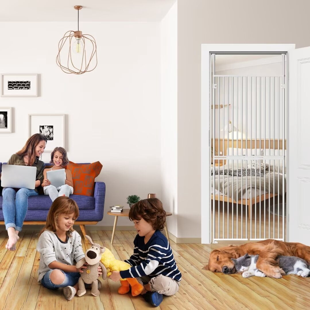 Zikebtuy 75-96 Inch Extra Tall Cat Pet Gate, Adjustable 33.4"-35.8" Wide, No Drilling Pressure Mounted, Walk Through Swing Safety Gate for Pets, Double Door for Doorways, Stairs, Kitchen, House