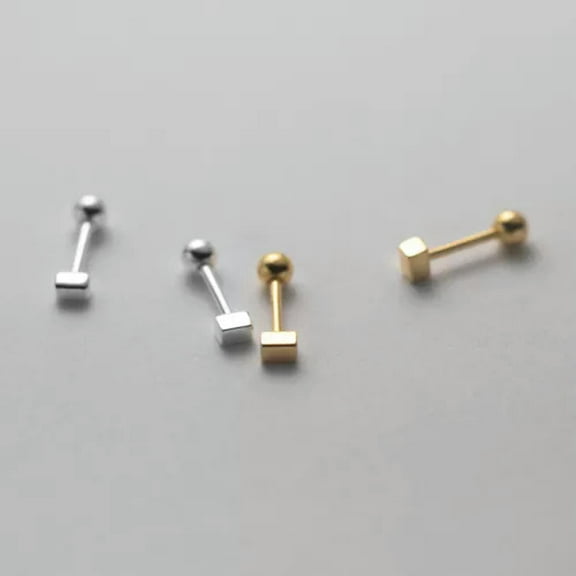 K-KED Solid Sterling 925 Silver Cube Stud Earrings Screw Backs-Gold