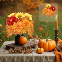 XIA0LE 1 Bundles Fall Flowers Artificial Sunflowers Maple Leaf Bouquet, Faux Sunflowers With Fall Chrysanthemums Flower Arrangements For Home Decoration Cemetery Grave Fall Decor Thanksgiving