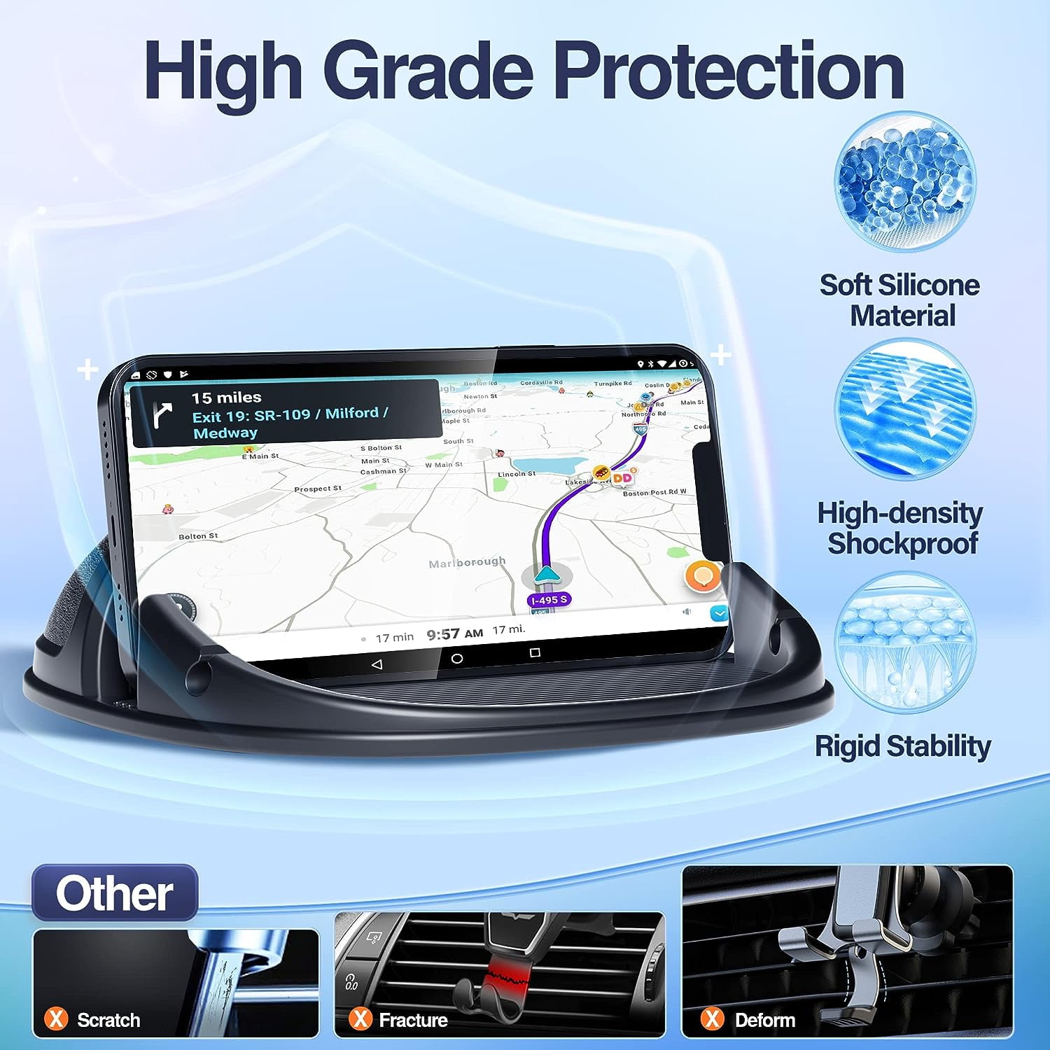 Car Phone Holder, Mount Silicone Pad Mat for Various Dashboards, Slip Free Desk Stand Compatible with iPhone, Samsung, Android Smartphones, GPS Devices and More, Black