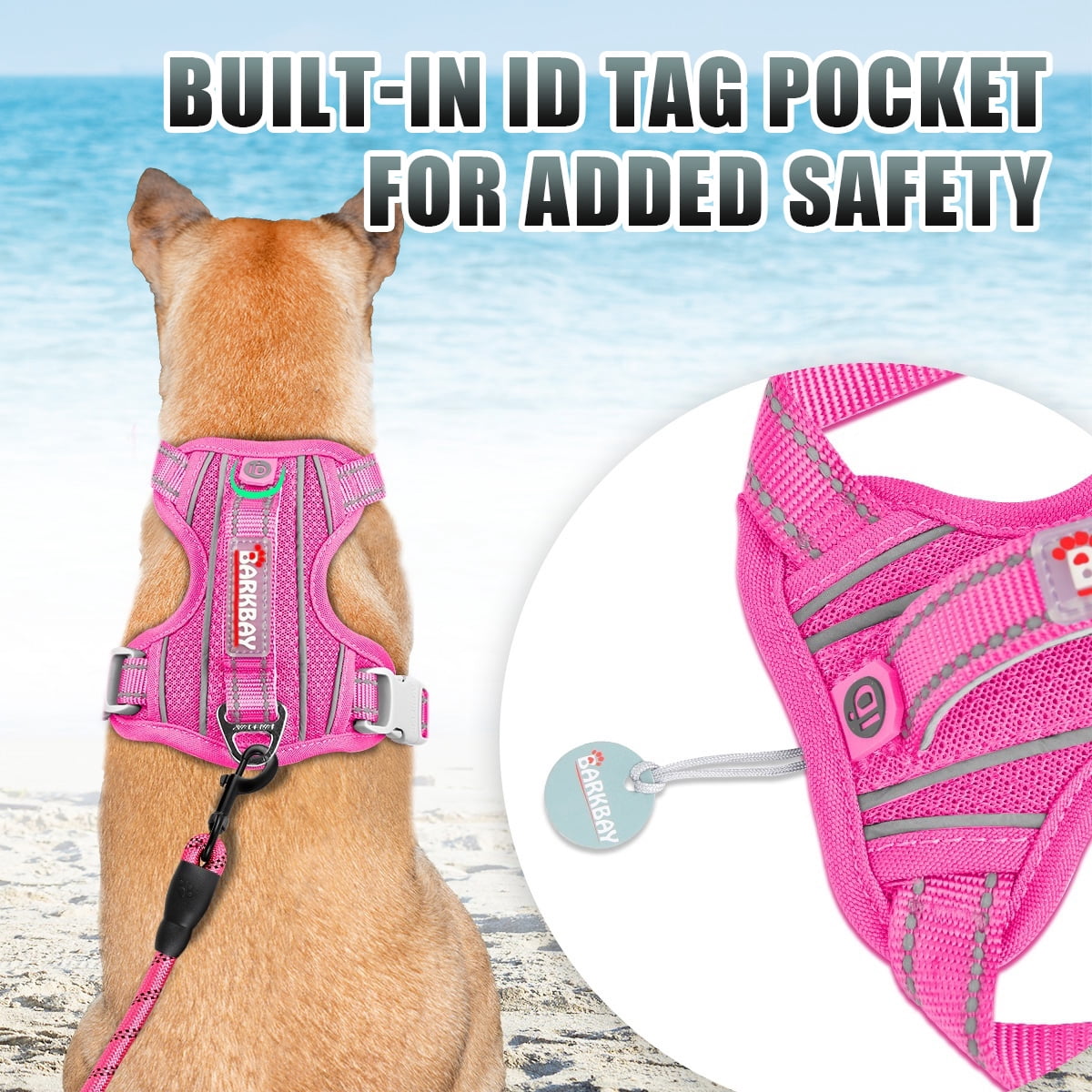 BARKBAY No Pull Dog Harness Large Reflective Dog Harness with Front Clip and Easy Control Handle for Walking Training Running with ID tag Pocket(Pink,L)