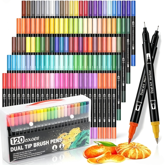 120 Colors Dual Markers Brush Pens, JUJURU Art Markers Colored Pens for Adult Coloring Books, Brush and Fine Point Dual Tip Artist Colored Marker Set for Drawing Adult Coloring Hand Lettering