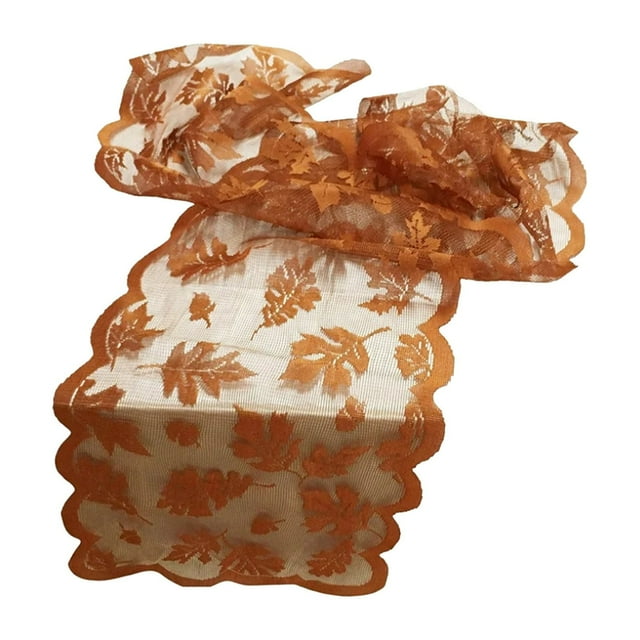 Festival Table Flag Runner - Knitted Golden Maple Lace Rectangular Tablecloth for Seasonal Decor - Elegant Thanksgiving Table Cover with Warm Fall Maple Design - Premium Lace Border Table Topper
