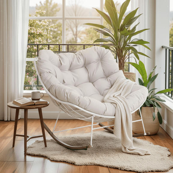 Outdoor Rocking Chair, Patio Egg Rocking Chair, Indoor Papasan Chair, Rattan Wicker Lounge Chair, Modern Royal Chair for Bedroom, Living Room, Porch, Garden, Lawn-Beige