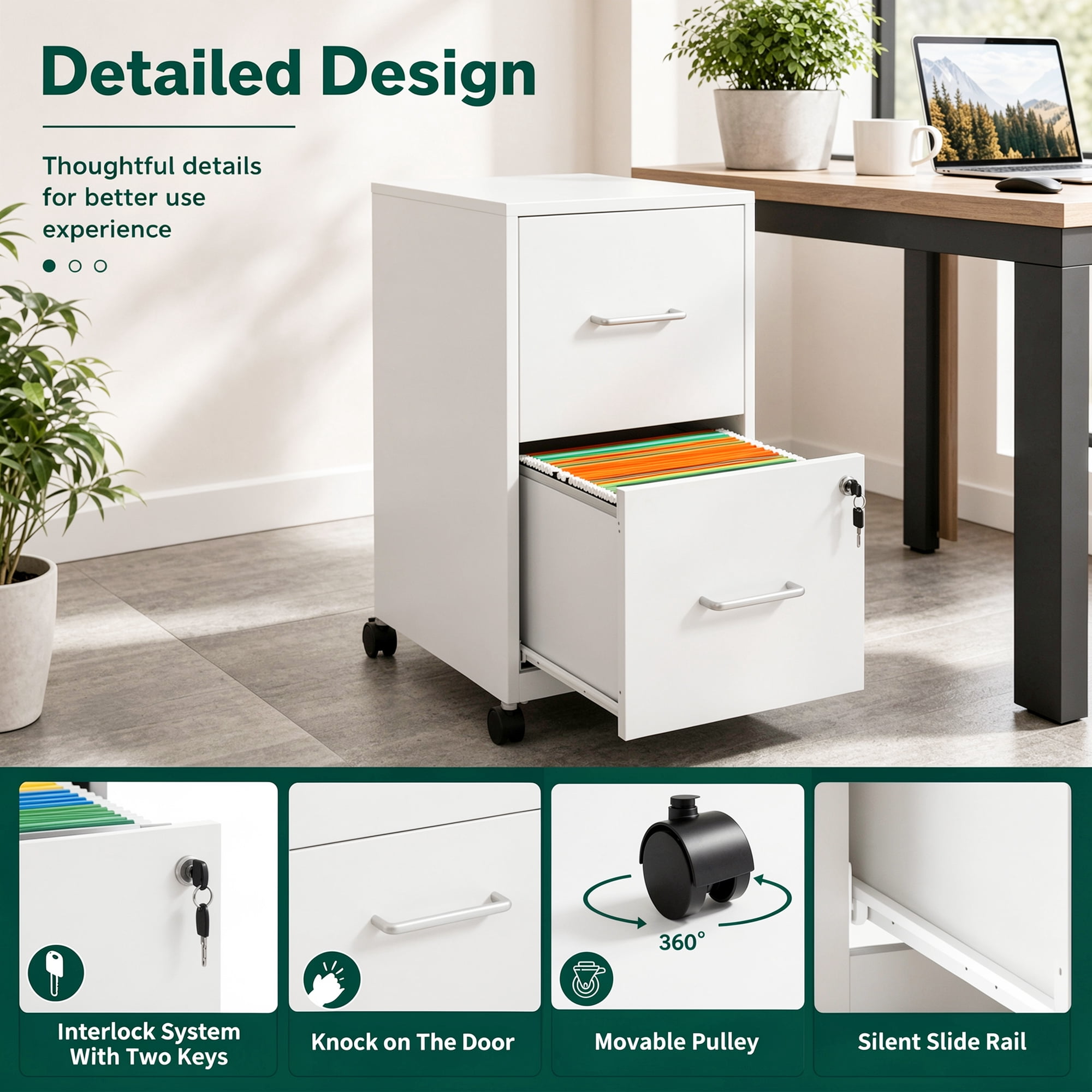 2 Drawer Lockable Metal File Cabinet With Wheel, Vertical Under Desk Steel Filing Cabinet with Wall Anti-Tip Kit, Heavy Duty Office Storage Cabinet for Letter/Legal Size Files, Black