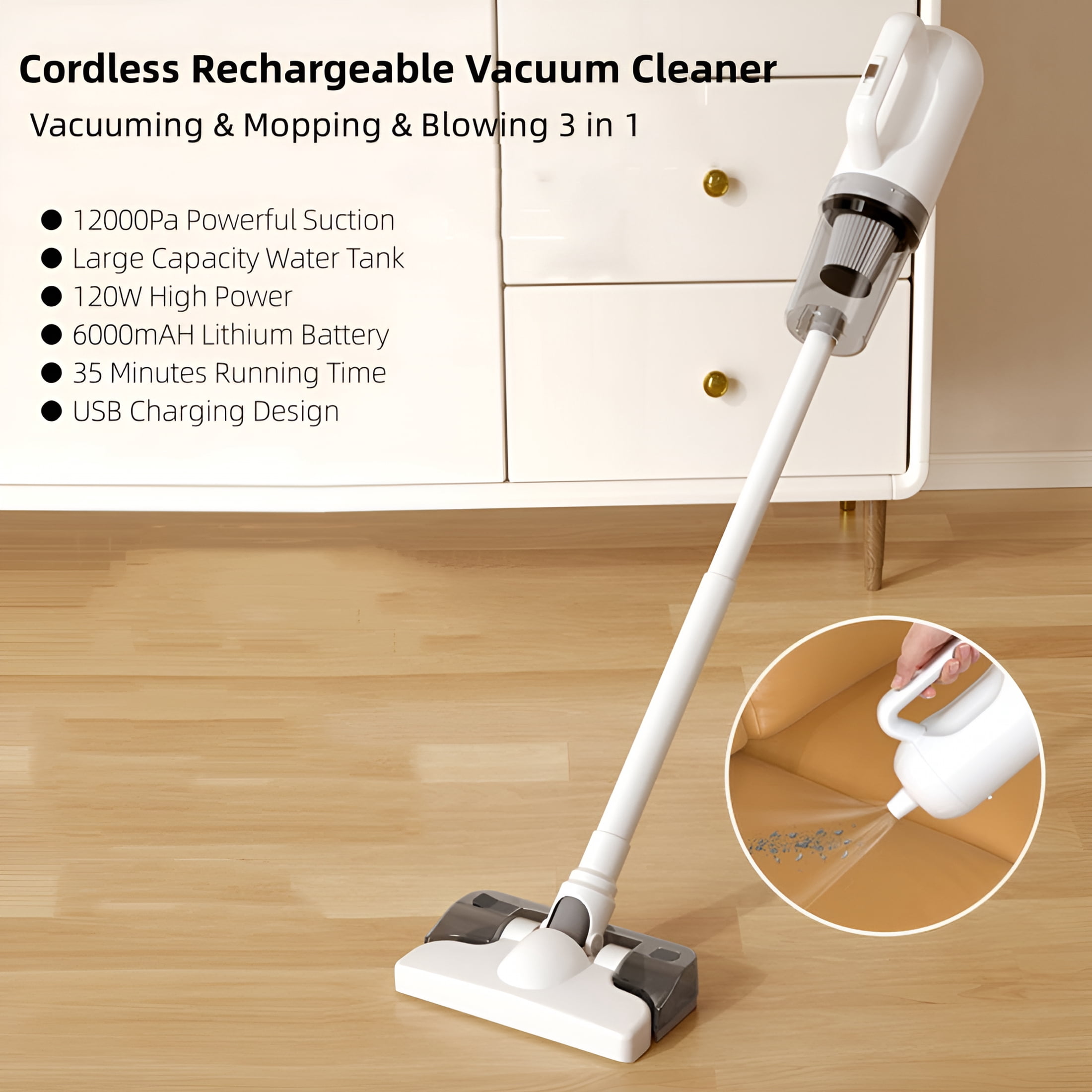 ZEPARO Cordless Stick Vacuum Cleaner and Mop Combo,Vacuum Blower and Mop 3 in 1,12000pa Suction Stick Vacuum Cleaner Rechargeable Upright Vacuum with Water Tank for Home Hard Floor Pet Hair