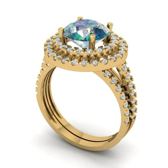 2.68 ct Brilliant Round Cut Blue Moissanite 14K Yellow Gold Halo Solitaire with Accents Engagement Bridal Wedding Ring Band Set size 6.25