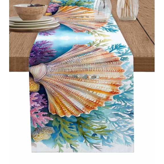 ERUNPONLY Coastal Beach Table Runner - 60 Inch Long Summer Ocean Colorful Shell Coral Cotton and Linen Blended Dress Scarves Farmhouse Table Runner for Kitchen Dining, Coffee Table, 13"x60"