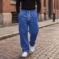 thumbnail image 5 of Yungyresw Men's Baggy Cargo Pants Casual Wide Leg Drawstring Corduroy Joggers Pants Multi Pockets Streetwear Fall Winter Clothing Blue L, 5 of 7