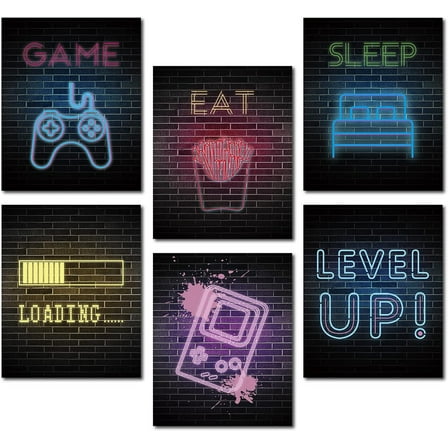 Wall Art Print Game Sign Art Painting Set of 6 Paper Level Up Wall Decor Colorful Wall Art Poster for Gamer Room Decor Living Room Bedroom Decor Unframed (10 inch x 8 inch)