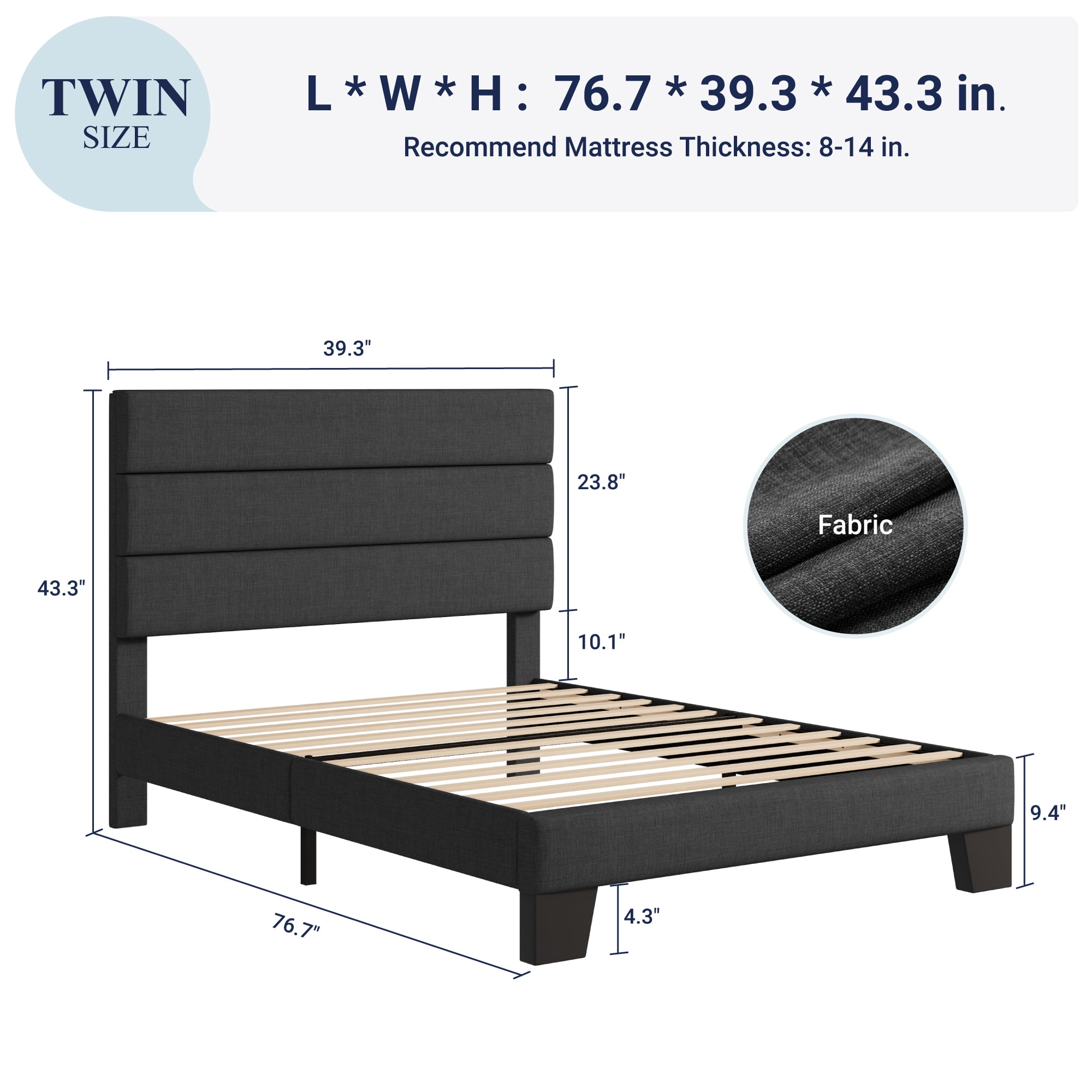 Allewie Twin Size Platform Bed Frame with Fabric Upholstered Headboard, No Box Spring Needed, Dark Grey