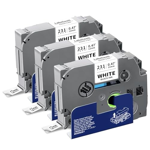3-Pack TZe-231 Label Tape Compatible for Brother TZe 12mm 0.47 Inch Laminated White TZ-231 TZe231 1/2 Inch for Ptouch PT-D220 PT-D210 PT-H110 D410 D600 Label Maker,Black on White