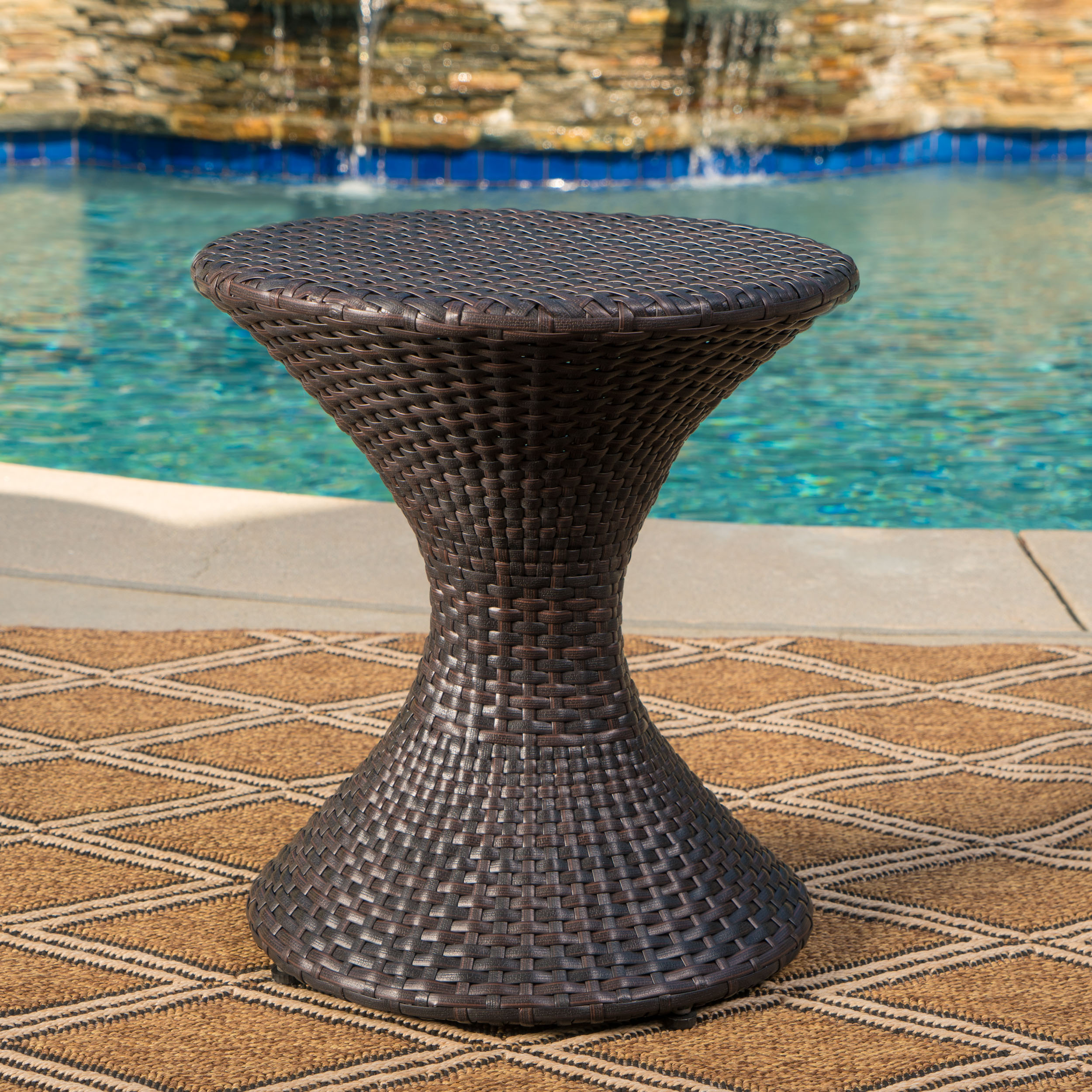 Landsbury Outdoor 3 Piece Wicker Chat Set with Stacking Chairs and Hourglass Side Table, Multibrown