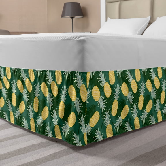 Hawaii Bed Skirt, Monochrome Palm Leaves with Exotic Pineapples Blooming Foliage, Elastic Bedskirt Dust Ruffle Wrap Around for Bedding Decor, 4 Sizes, Pale Green Fern Green, by Ambesonne