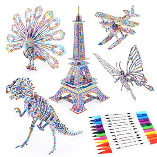 10 Pieces of 3D Puzzles,Brain Teaser Puzzles for Kids,DIY Art Puzzle Painting Set Interesting Colorful Painting Animals and Building Model Toys,Childrens Toy Gifts,Suitable for Children Aged 4-12 