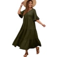 thumbnail image 2 of LWavelet Women's Plus Size Tiered Maxi Dress 3/4 Sleeve V-Neck Ruffle Cuff Casual Loose Dress Dark Green 4XL, 2 of 5
