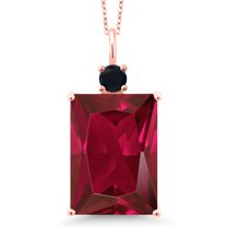 Gem Stone King 18K Rose Gold Plated Silver Red Created Ruby and Black Onyx Pendant Necklace for Women (20.22 Cttw, Emerald Cut 18X13MM, With 18 inch Silver Chain)