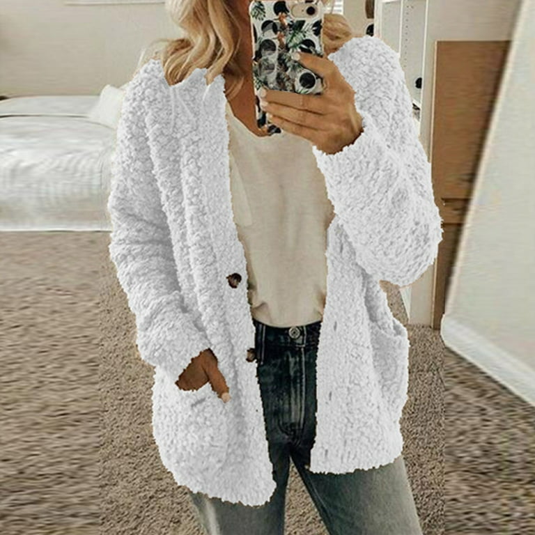 CAICJ98 Coats for Women 2023 Cardigans for Women Fuzzy Open Front Hooded  Cardigans Winter Coats with Pocket White,L 
