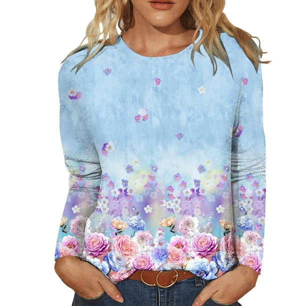 Camisas de manga larga para mujer, cuello redondo, estampado floral, ajuste holgado, túnica de otoño, tops de otoño para mujer Pompotops FGAJ10815