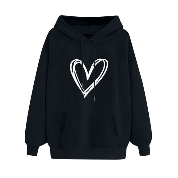 LEAVINGSUO Hooded Sweaters for Women,Women's Comfortable Sweater Heart Pattern Printed Women's Hooded Pocket Drawstring Sweater