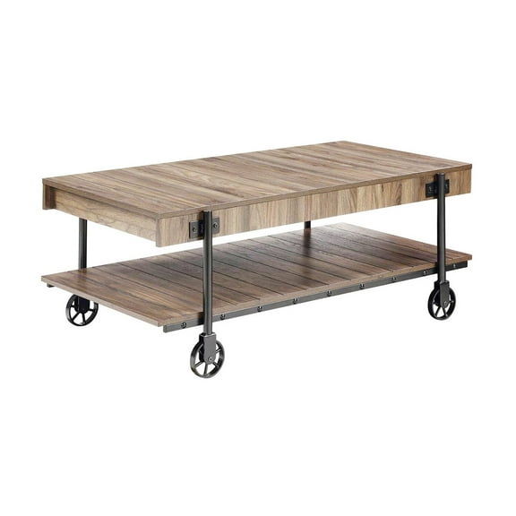 Benjara Loak 47 Inch Coffee Table, Brown Plank Top, Bottom Shelf, Wheels, Black