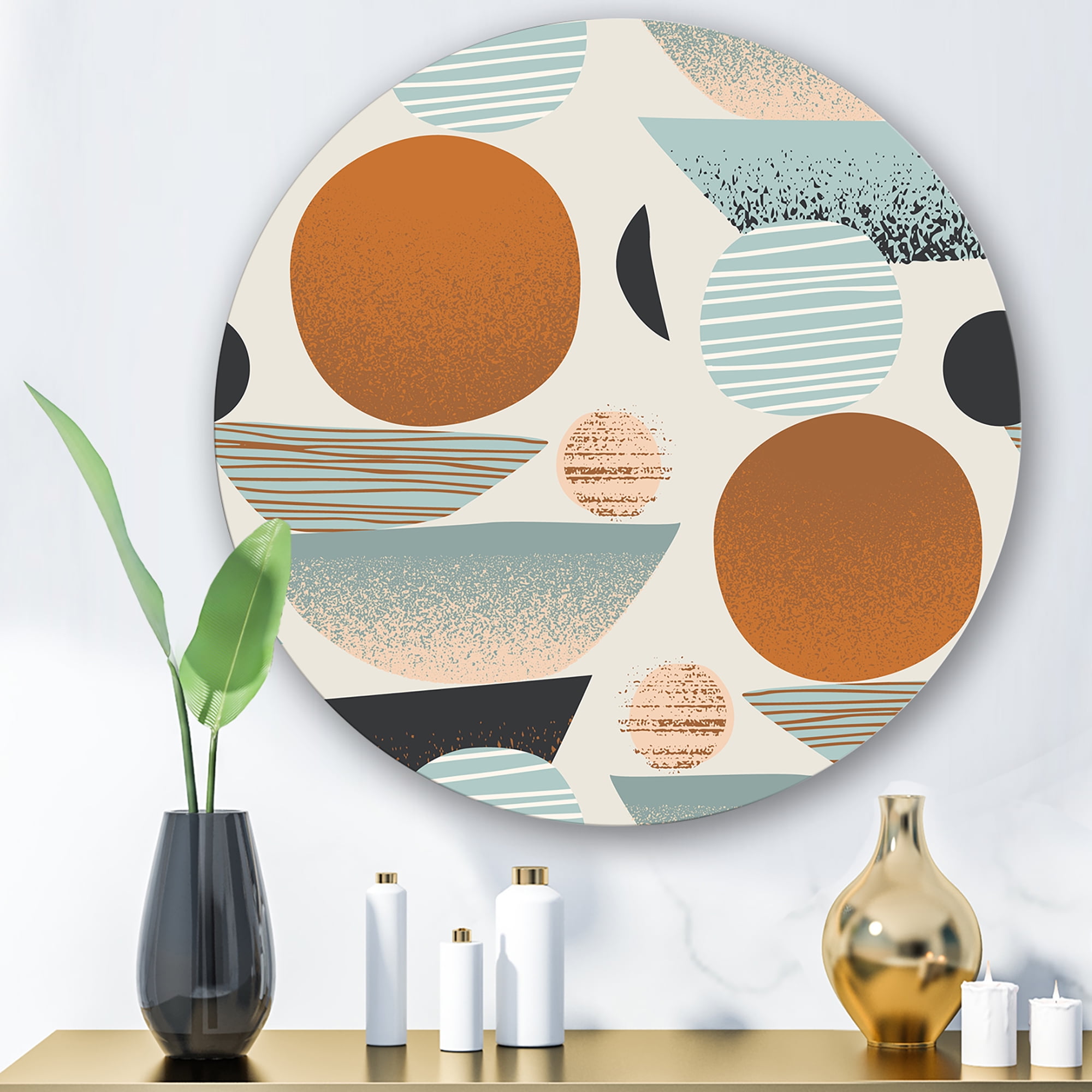 Designart 'Retro Shapes With Abstract Moons and Suns I' Modern Circle Metal Wall Art 23x23 - Disc of 23