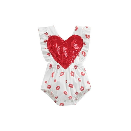 

Eyicmarn Valentine s Day Baby Girls Romper Infant Sweet Style Sequins Heart Decoration Lip Printing Lace Sleeveless Jumpsuit