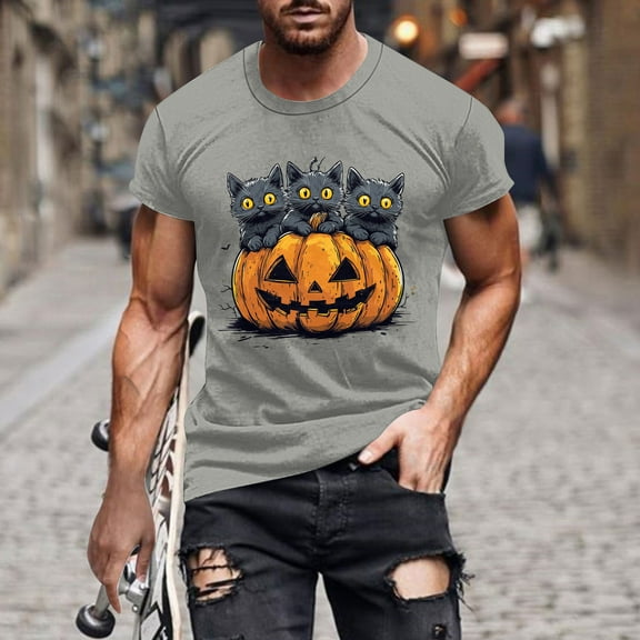Handshe Men's Halloween Graphic Round Neck Short Sleeve T-Shirt - Stylish Blouse