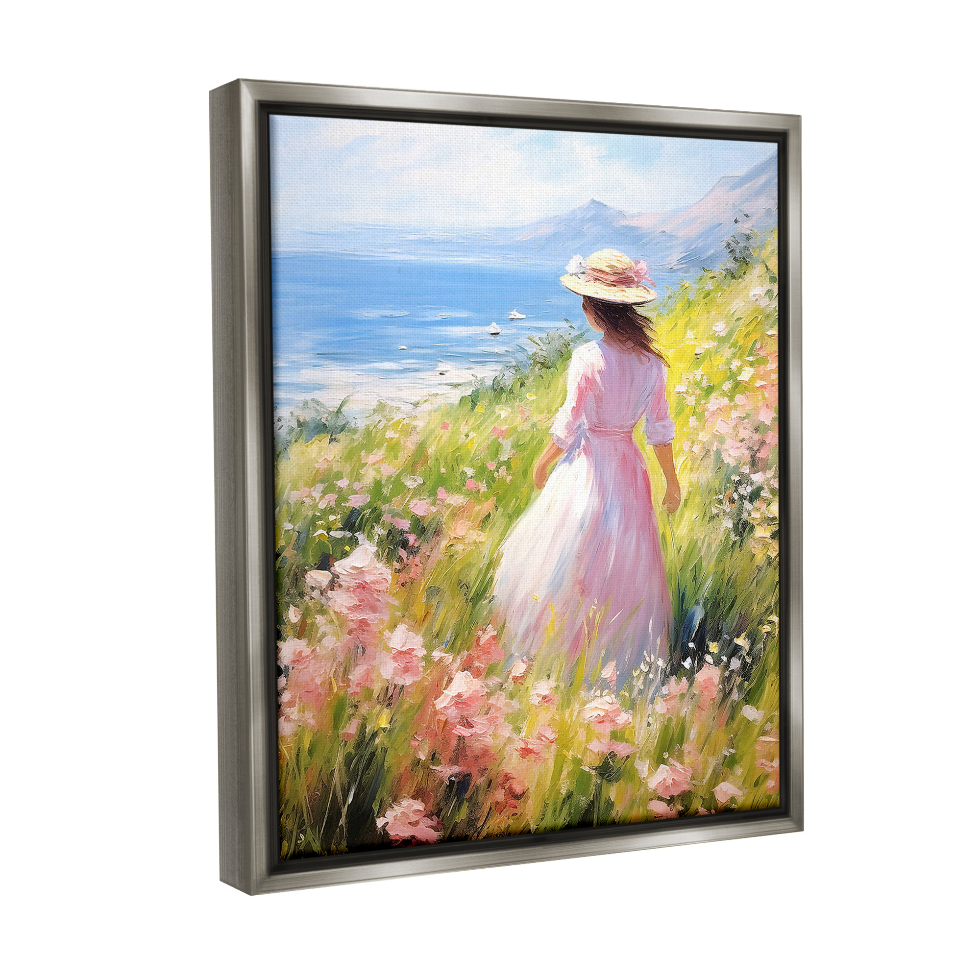 Stupell Industries Woman & Scenic Beach Landscape Painting Gray Floater Framed Canvas Art Print Wall Art, 17 x 21