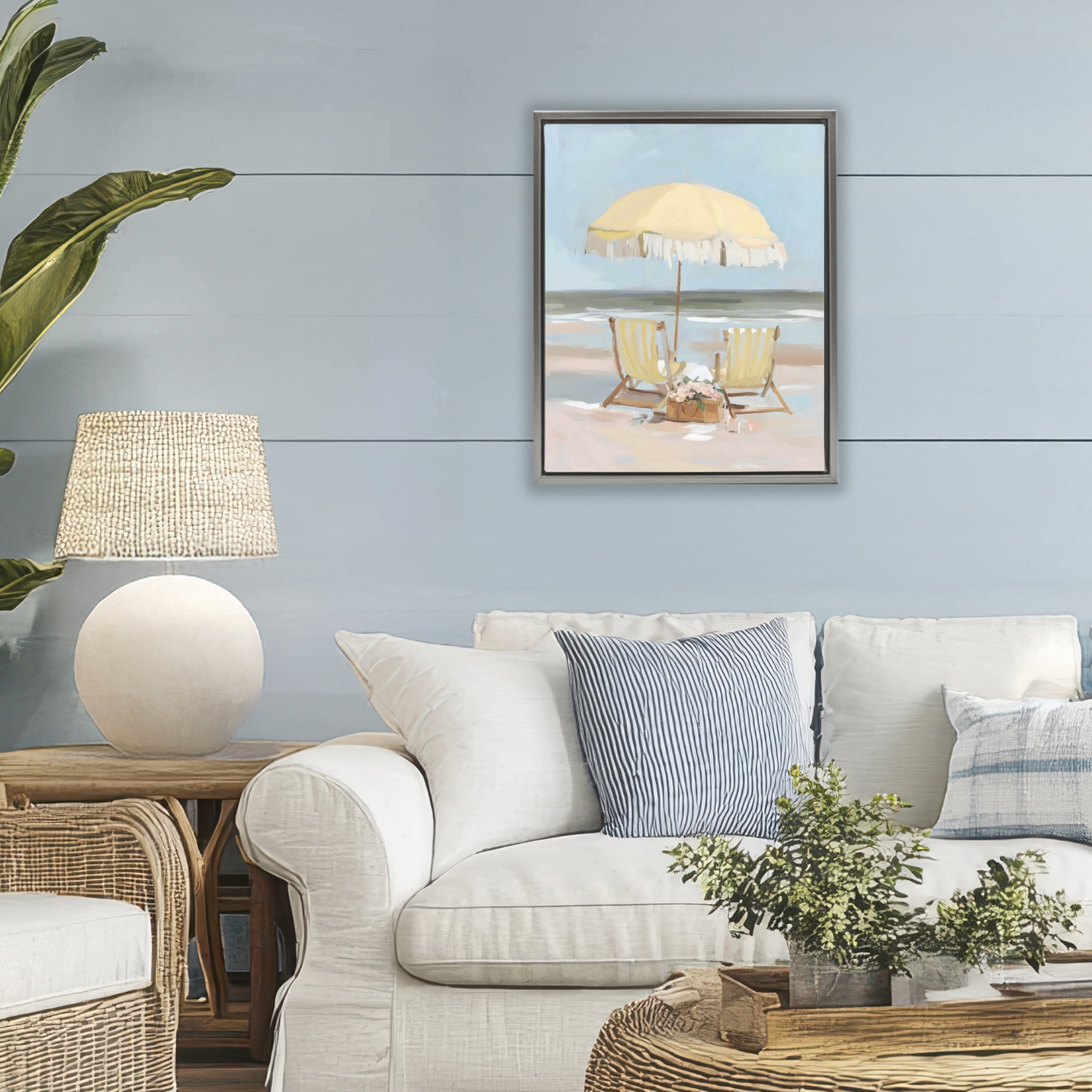 Stupell Industries Yellow Chairs Beach Relaxation Gray Framed Floater Canvas Wall Art, design by Sisi and Seb