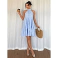 thumbnail image 5 of Blue And White Sleeveless Halter Neck Frill Trim Striped Vacation Dress For Women, 5 of 6