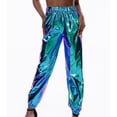 thumbnail image 4 of SWSMCLT Women's Casual Metallic Pants Shiny Hot Dance Casual Pants Long Trousers Halloween Stretch Elastic Waist Blue Large, 4 of 4