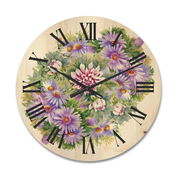 Designart 'Bouquet With Daisies and Purple Chrysanthemums' Traditional Wood Wall Clock