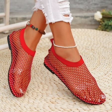 Women s Rhinestone Mesh Flat Sandals  Fashionable Slip On Out Shoes  Stylish Party Flats Arch Support Clogs
