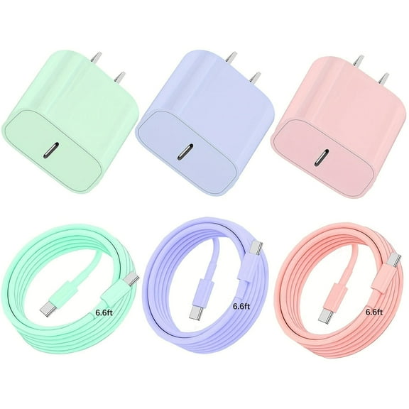 3Pack Color iPhone 15 Charger Fast Charging, PD20W USB C Charger Block With 3-Pack Type C Charger 6FT Cord for iPhone 15/iPhone 15 Pro/iPhone 15 Pro Max,iPad Pro,iPad Mini 6,Android Phones