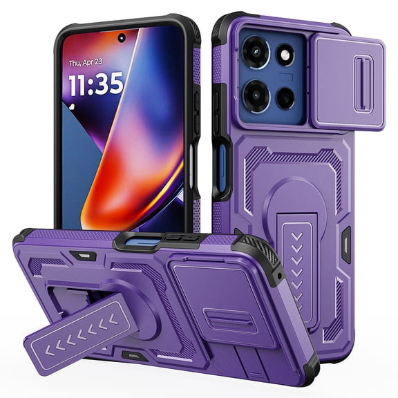for Motorola Moto G 5G 2025 Phone Case with Sliding Camera Cover, Military Grade Shockproof Protection Mobile Case with Kickstand & Matte Textured Rugged TPU PC Protective Hybrid Cover, Purple